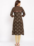 HERE&NOW Brown & Beige Mandarin Collar Floral Printed Straight Kurta | Grocsy