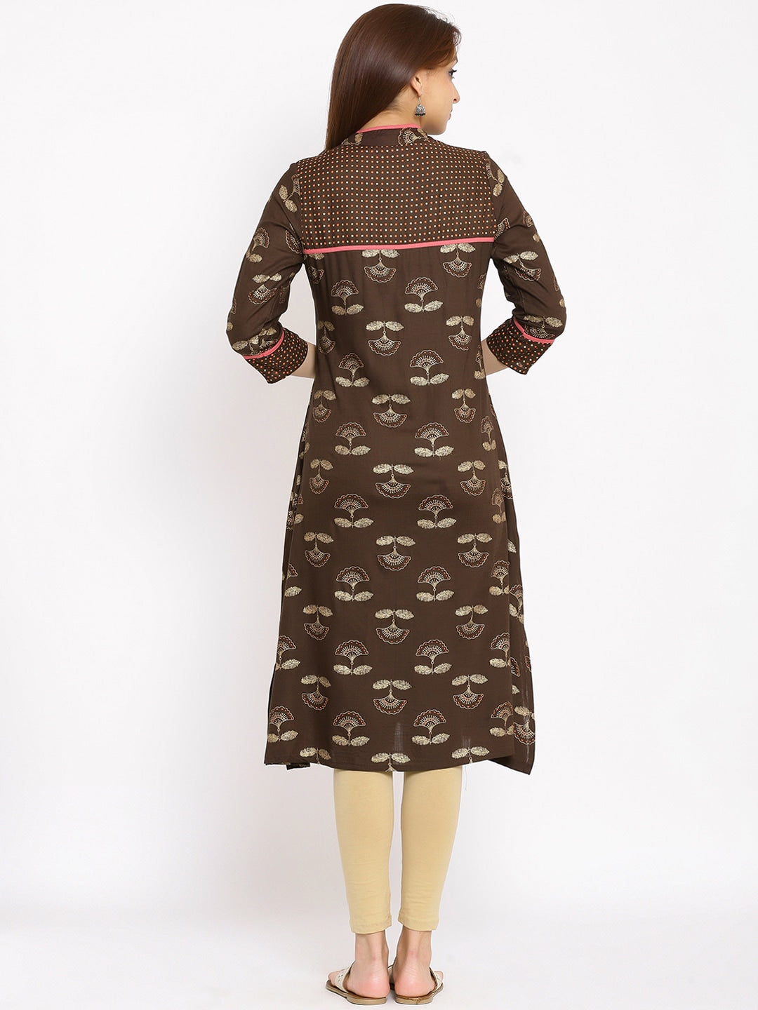HERE&NOW Brown & Beige Mandarin Collar Floral Printed Straight Kurta | Grocsy