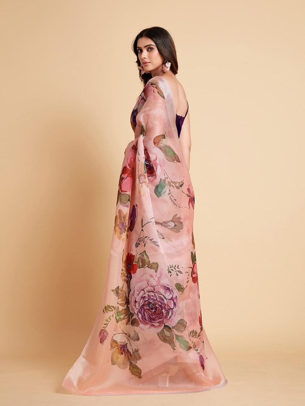 Sangria Peach-Coloured & Purple Floral Organza Saree | Grocsy