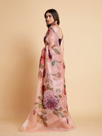 Sangria Peach-Coloured & Purple Floral Organza Saree | Grocsy