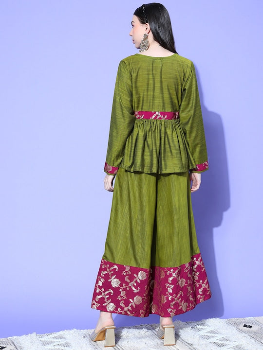 InWeave Women's Olive Wine Brocade Mughal Shaan Kurta Palazzo Set | Grocsy