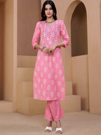 Sangria Pink & White Ethnic Motifs Printed Pure Cotton Kurta With Trousers & Dupatta | Grocsy