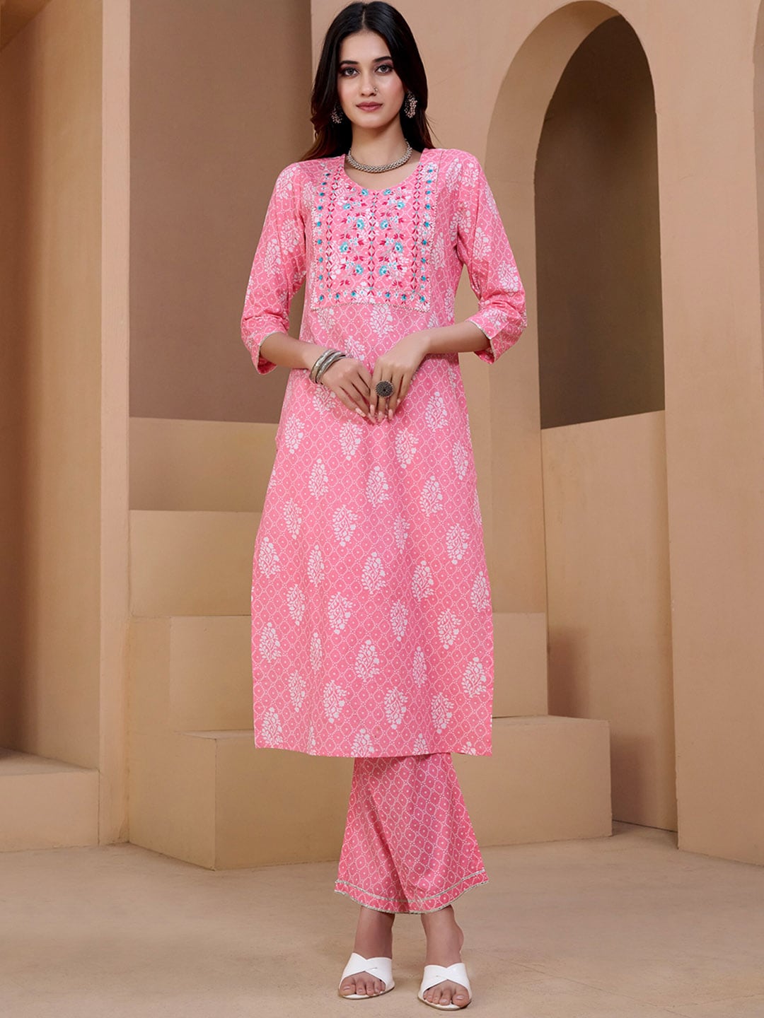 Sangria Pink & White Ethnic Motifs Printed Pure Cotton Kurta With Trousers & Dupatta | Grocsy