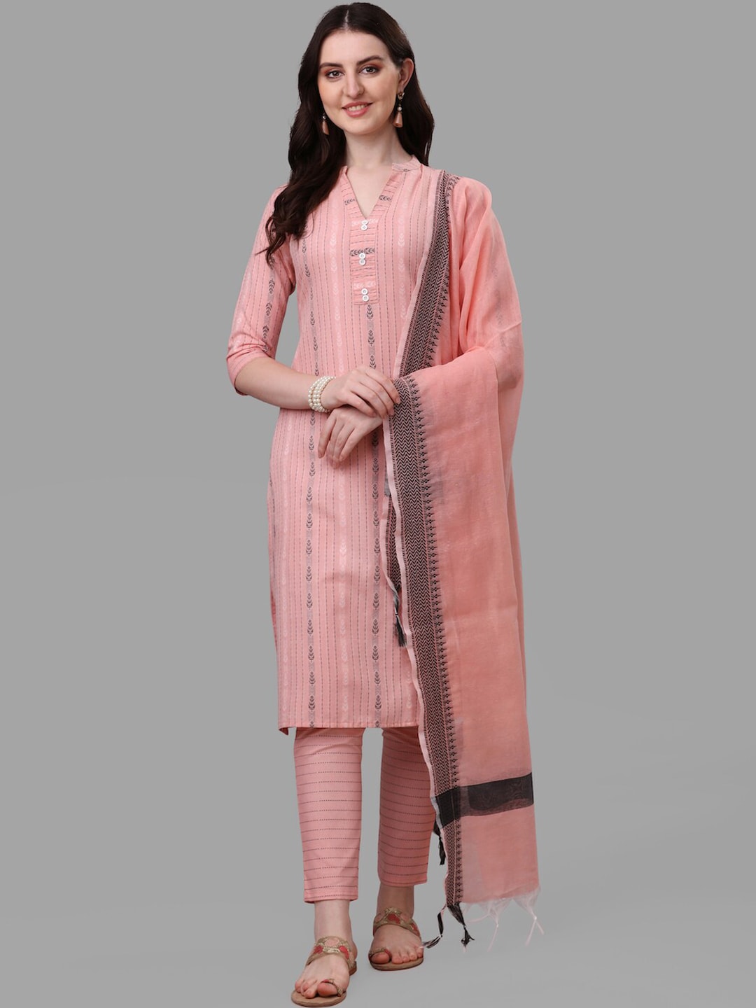 HERE&NOW Women Peach Striped Pure Cotton Kurta with Trousers & With Dupatta | Grocsy