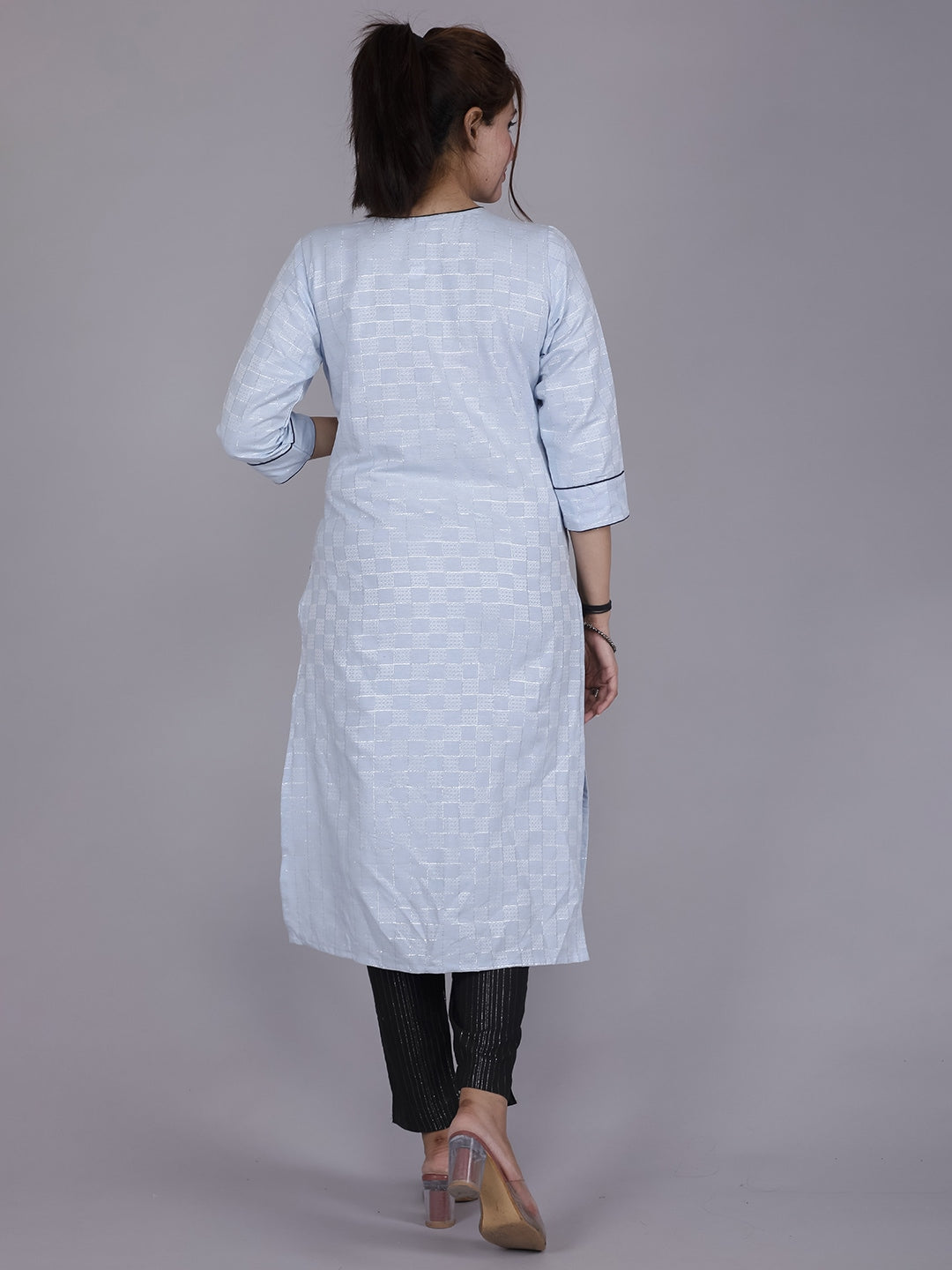 HERE&NOW Women Blue Yoke Design Pure Cotton Thread Work Kurta | Grocsy