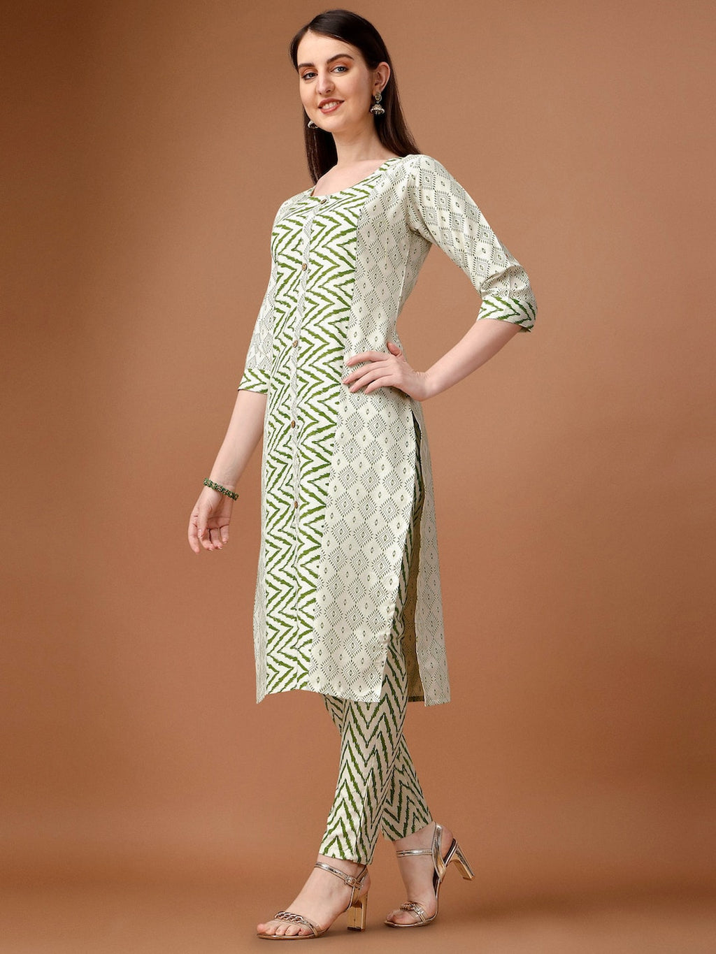 HERE&NOW Geometric Printed Pure Cotton Kurta With Trousers & Dupatta | Grocsy