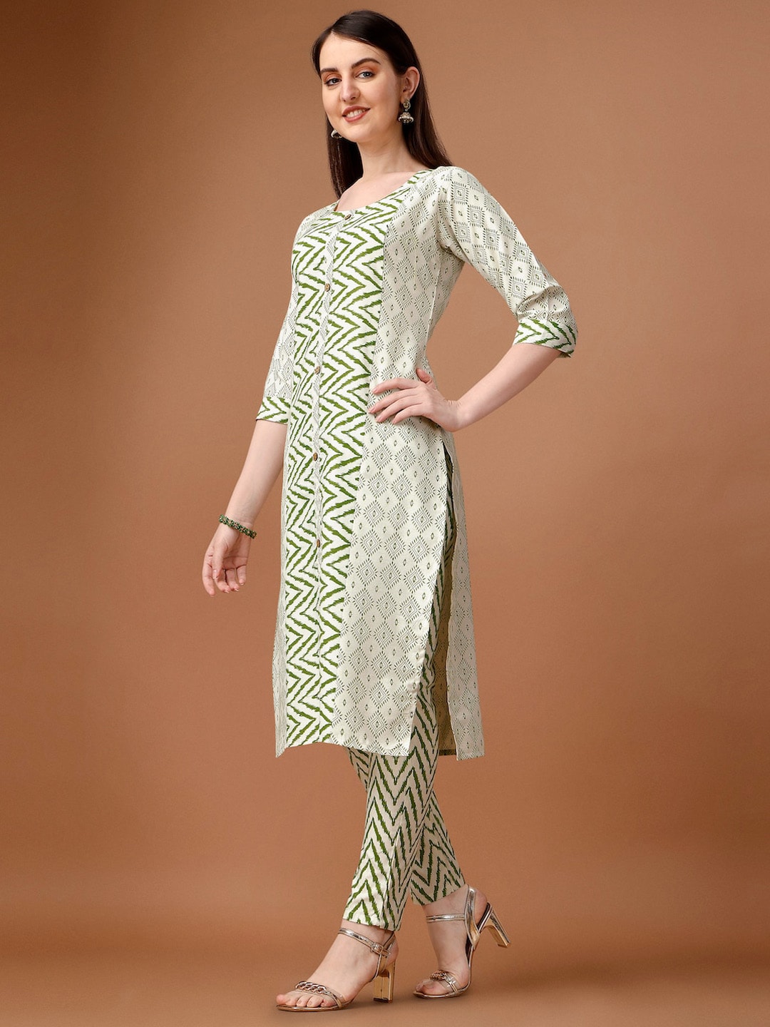 HERE&NOW Geometric Printed Pure Cotton Kurta With Trousers & Dupatta | Grocsy