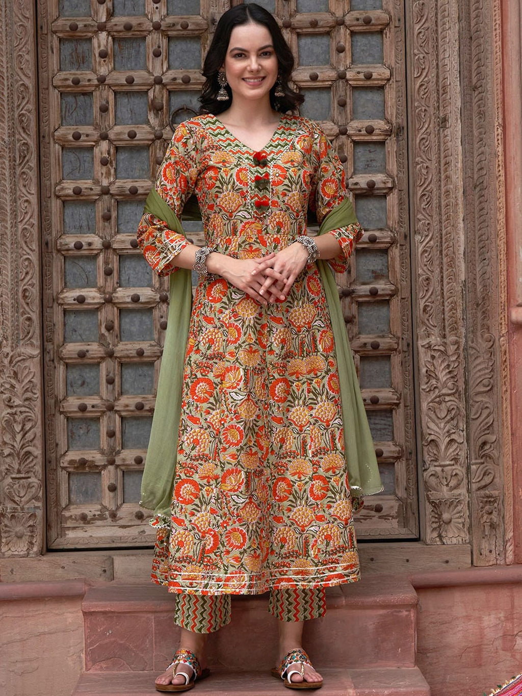 Sangria Orange Printed Gotta Patti Detail Pure Cotton A-Line Kurta With Trousers & Dupatta | Grocsy
