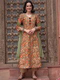 Sangria Orange Printed Gotta Patti Detail Pure Cotton A-Line Kurta With Trousers & Dupatta | Grocsy