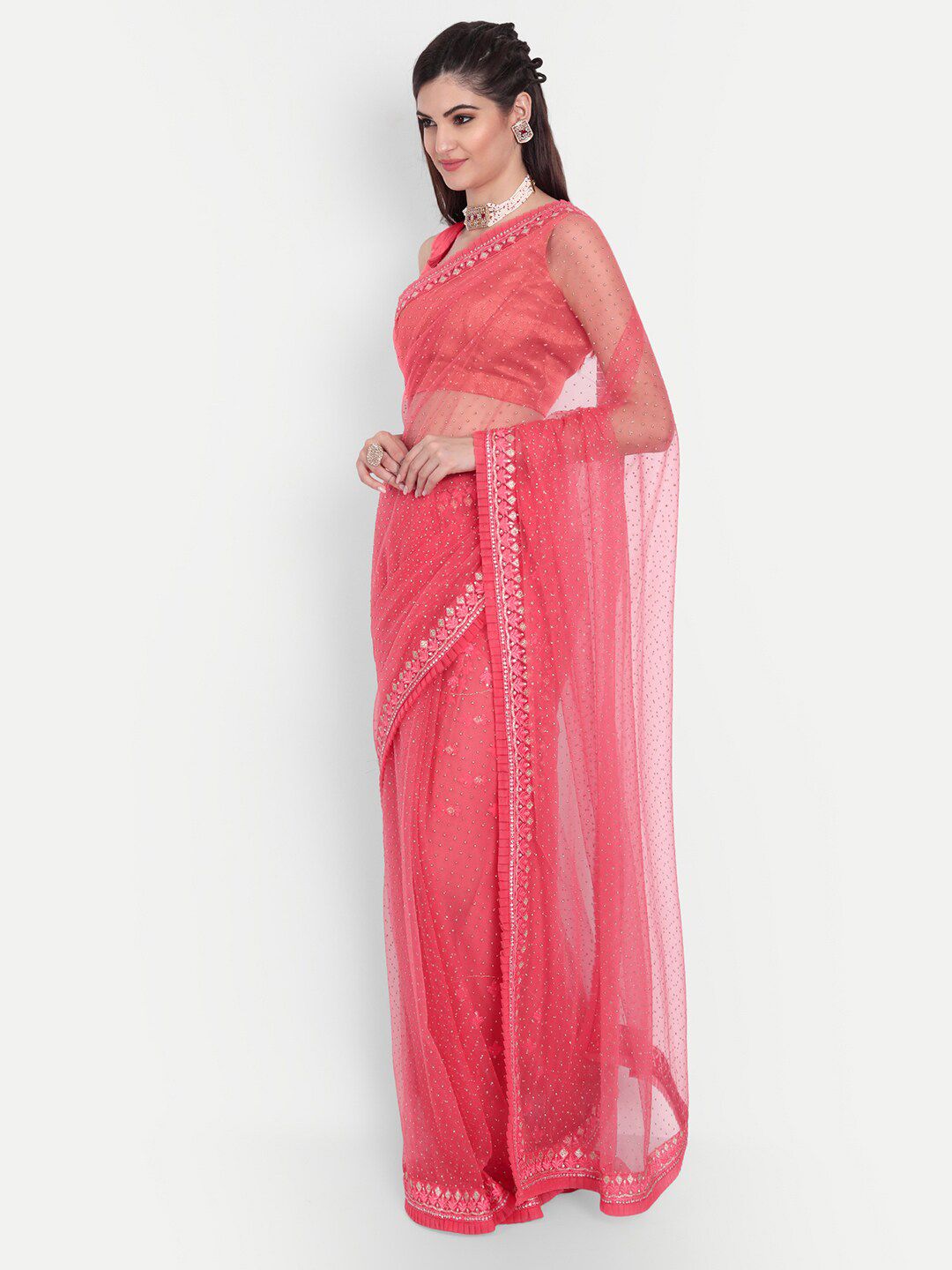 kasee Women Red Floral Embroidered Net Saree | Grocsy