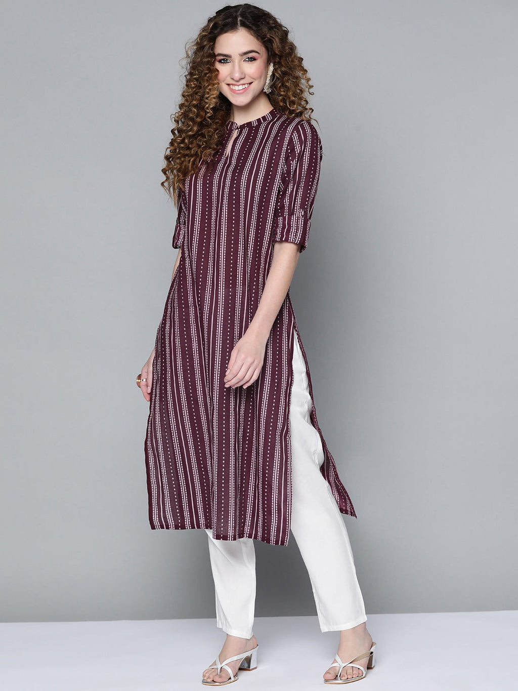 HERE&NOW Women Burgundy & White Printed Kurta | Grocsy