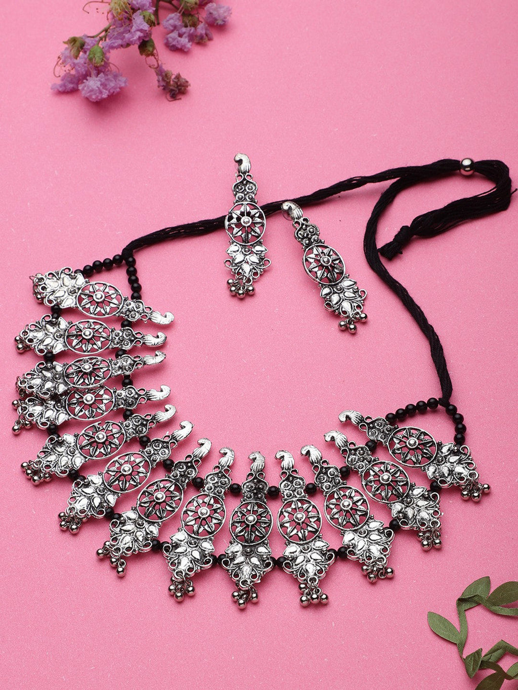 Cardinal Oxidised Silver-Plated Stone-Studded & Beaded Jewellery Set | Grocsy