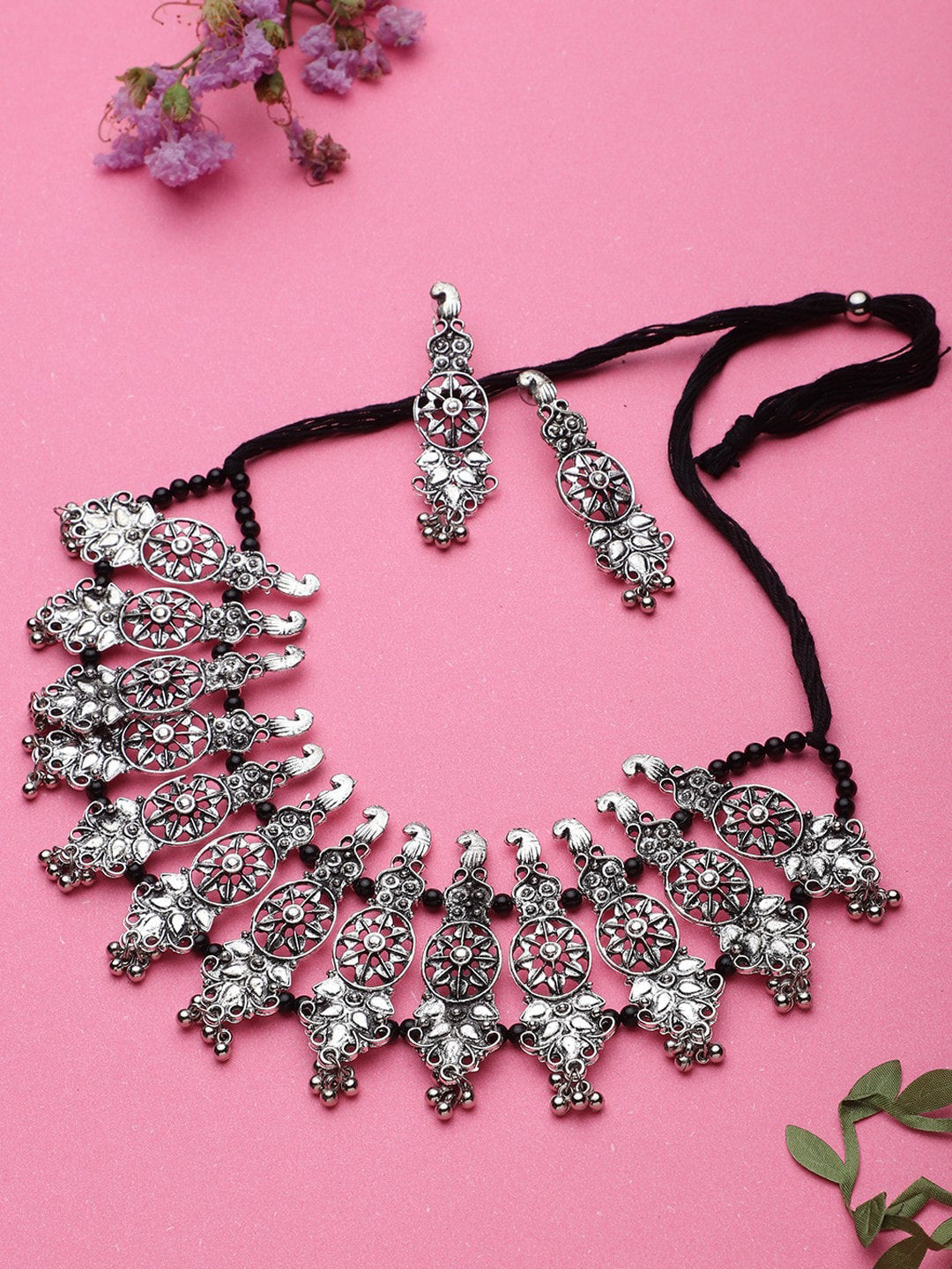 Cardinal Oxidised Silver-Plated Stone-Studded & Beaded Jewellery Set | Grocsy