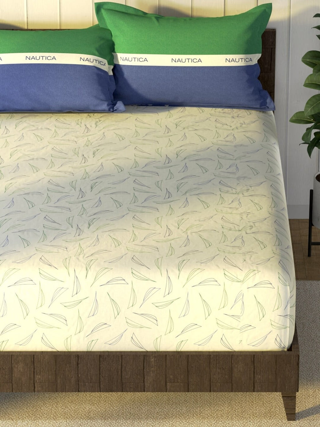 Nautica Noridge Green & Blue Floral Cotton 160 TC King Bedsheet With 2 Pillow Covers | Grocsy