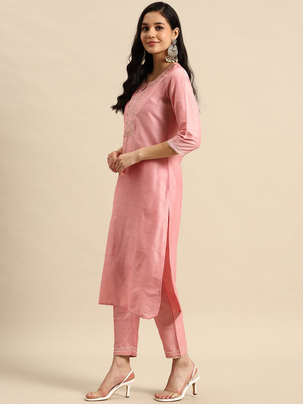 Sangria Floral Embroidered Sequinned Pure Cotton Kurta with Trousers & Dupatta | Grocsy