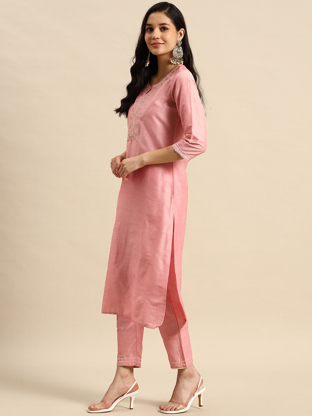 Sangria Floral Embroidered Sequinned Pure Cotton Kurta with Trousers & Dupatta | Grocsy