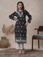 ADA Women Sustainable Black & White Paisley Chikankari Hand Embroidered Straight Kurta | Grocsy