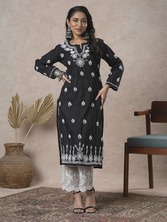 ADA Women Sustainable Black & White Paisley Chikankari Hand Embroidered Straight Kurta | Grocsy