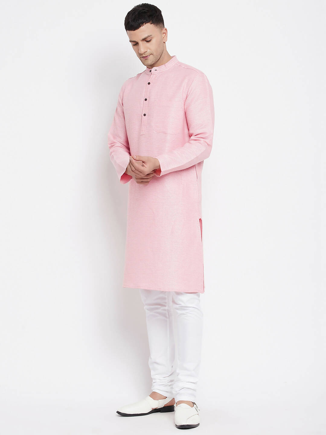 Even Apparels Pink Pure Cotton Men's Kurta With Band Collar | Grocsy