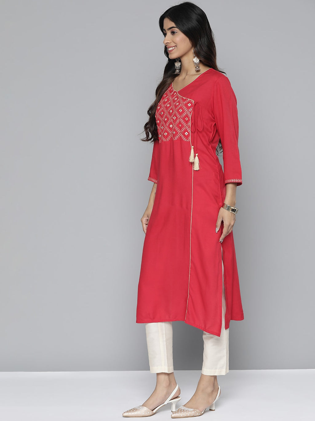 HERE&NOW Women Pure Cotton Ethnic Motifs Mirror Work Angrakha Kurta | Grocsy