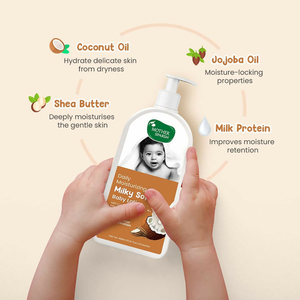 Mother Sparsh Milky Soft Baby Lotion With Milk Protein, Coconut Oil & Shea Butter For 24Hrs Moisturization | Grocsy