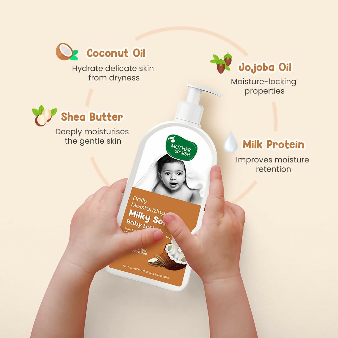 Mother Sparsh Milky Soft Baby Lotion With Milk Protein, Coconut Oil & Shea Butter For 24Hrs Moisturization | Grocsy