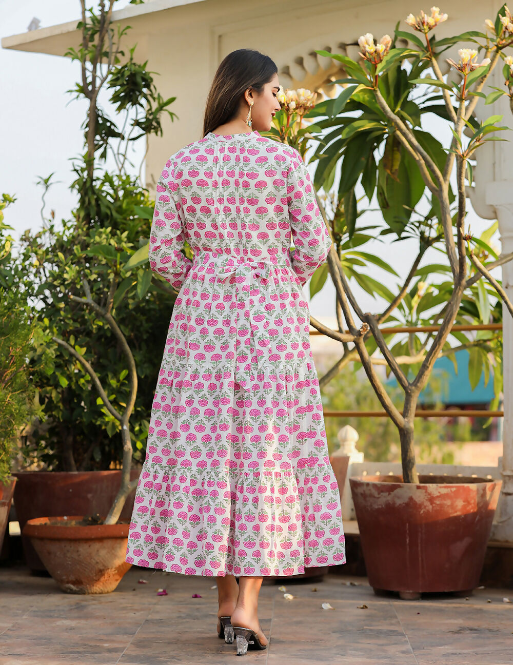 Kaajh Women's Pink Floral Print Cotton Handblock Dress | Grocsy