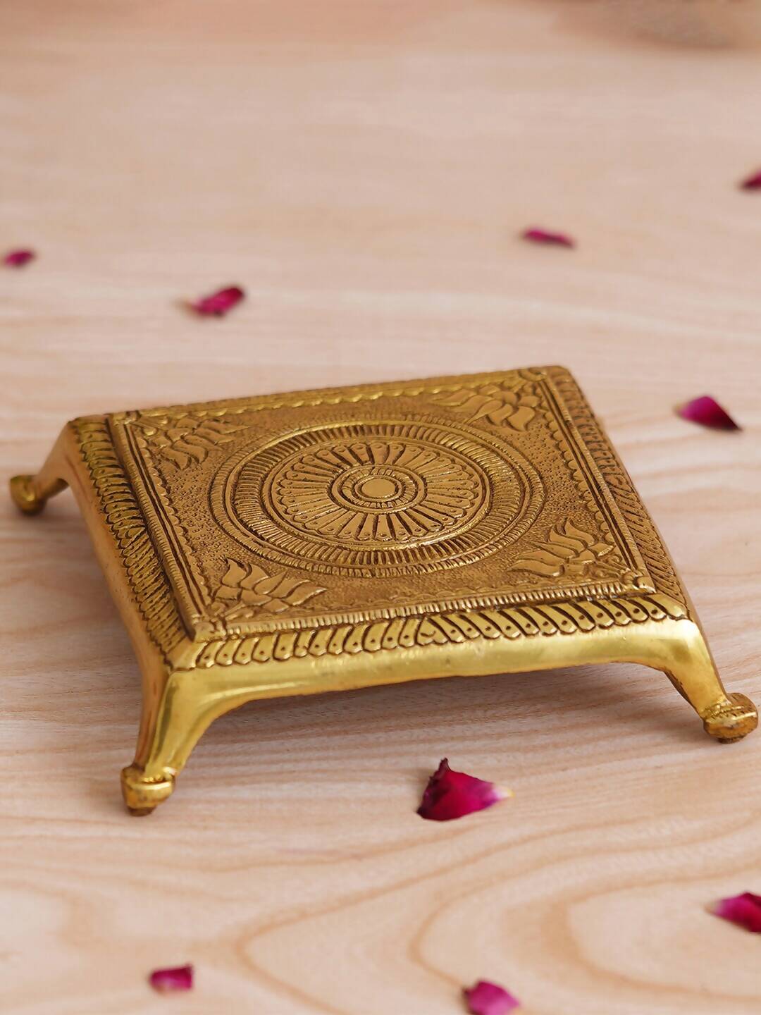 eCraftIndia Beige Lotus Flowers Engraved Pooja Chowki | Grocsy