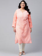 ADA Ada Women Plus Size Peach-Coloured & White Ethnic Motifs Chikankari Georgette Handloom Kurta | Grocsy