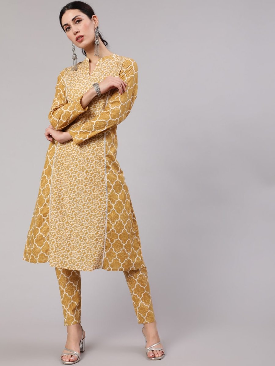 Aks Geometric Printed Mandarin Collar Cotton A-Line Kurta | Grocsy