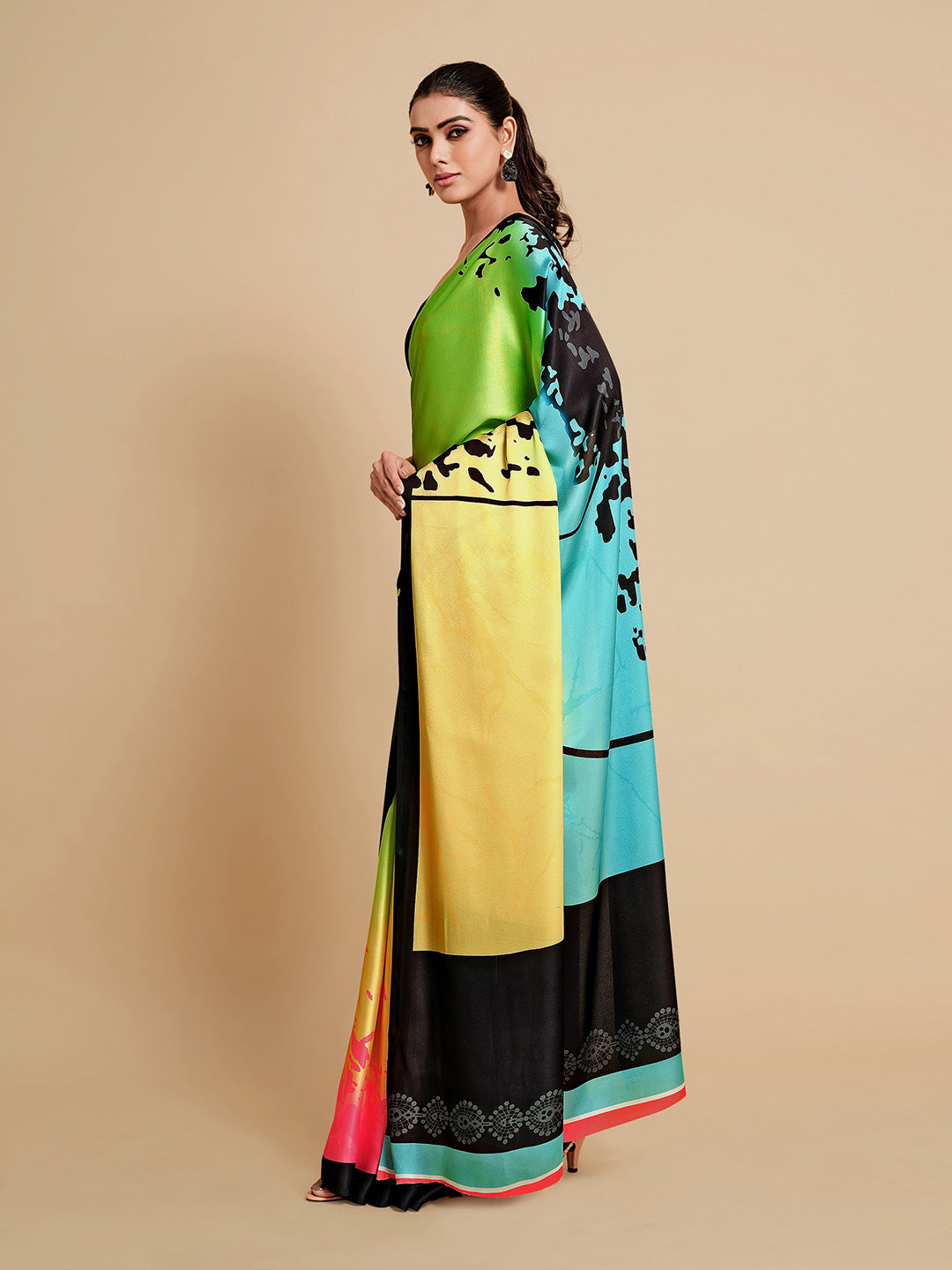 Sangria Lime Green & Blue Satin Saree | Grocsy