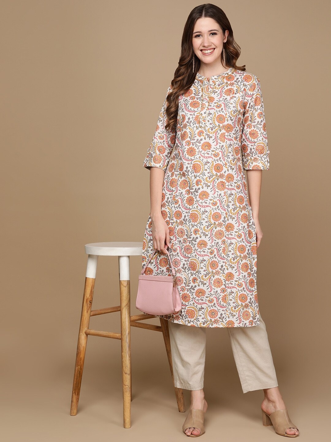 HERE&NOW White & Yellow Floral Printed Sequined Cotton Kurta | Grocsy