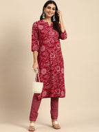 All About You Women Red Floral Printed Kurta with Trousers | Grocsy