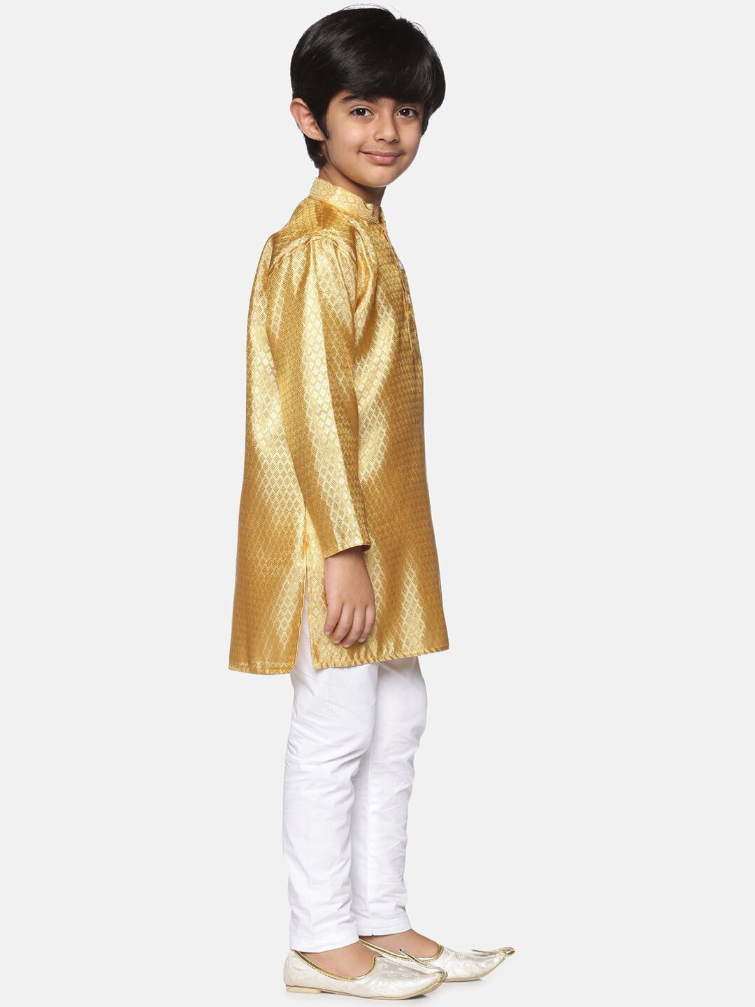 Sethukrishna Boys Gold-Toned & White Woven Design Kurta with Pyjamas | Grocsy