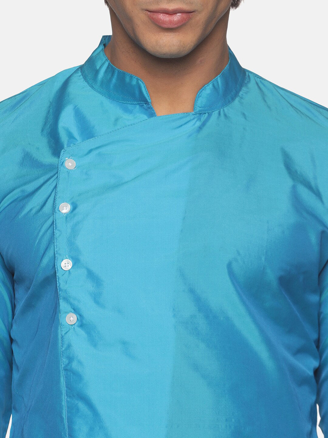 Sethukrishna Men Turquoise Blue Angrakha Kurta with Trousers | Grocsy