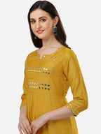 HERE&NOW Women Mustard Yellow Embroidered Panelled Mirror Work Kurta with Trousers | Grocsy