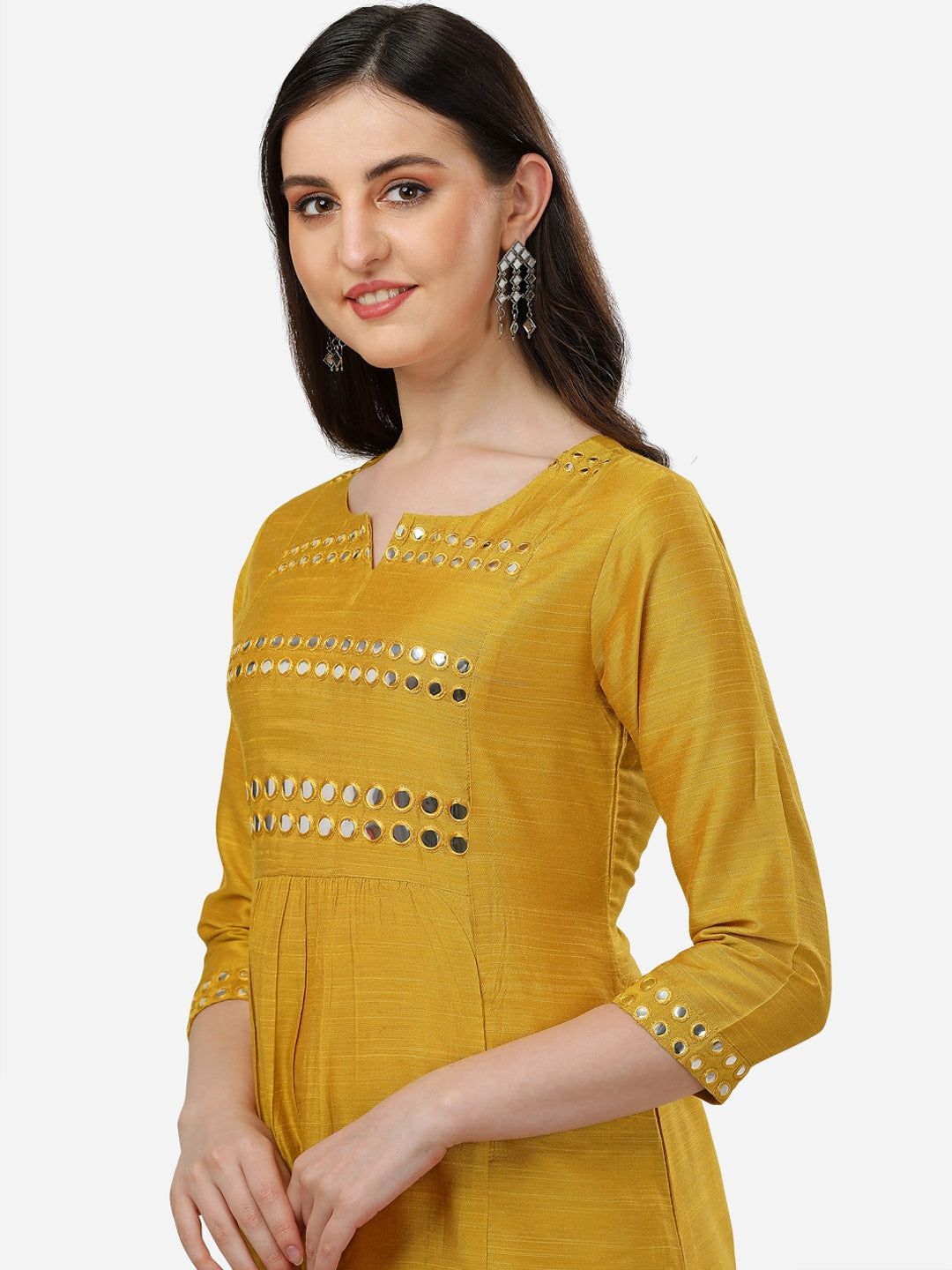 HERE&NOW Women Mustard Yellow Embroidered Panelled Mirror Work Kurta with Trousers | Grocsy