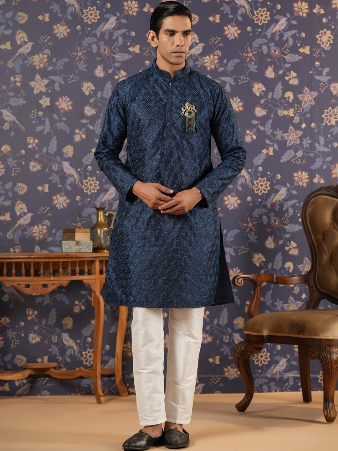 House of Pataudi Ethnic Motifs Embroidered Mandarin Collar Straight Kurta With Trouser | Grocsy