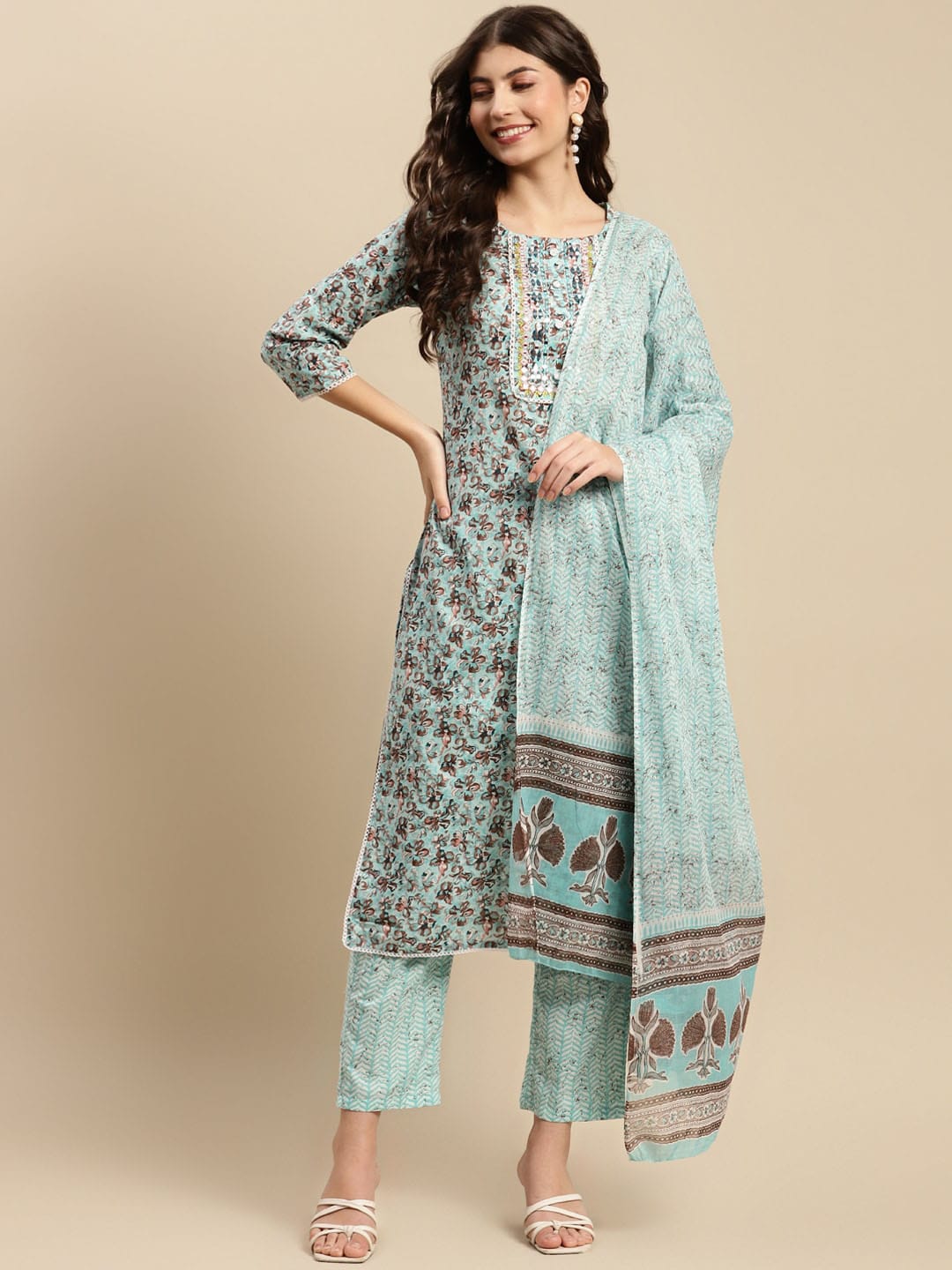 Sangria Sea Green & Brown Floral Printed Pure-Cotton Straight Kurta With Trouser & Dupatta | Grocsy