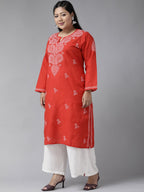 ADA Women Plus Size Red & White Ethnic Motifs Pure Cotton Chikankari Embroidered Kurta | Grocsy