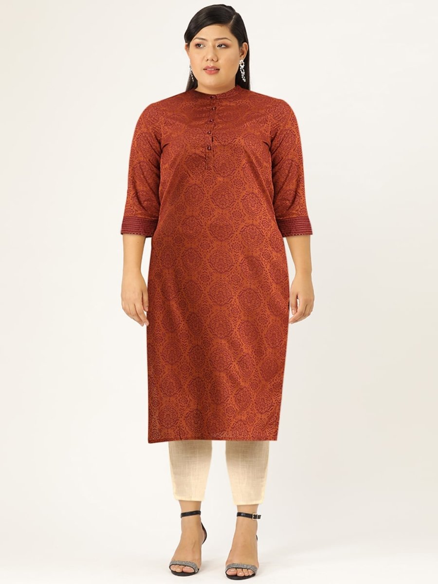All About You Women Rust Brown Ethnic Motifs Printed Straight Kurta | Grocsy