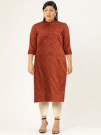 All About You Women Rust Brown Ethnic Motifs Printed Straight Kurta | Grocsy