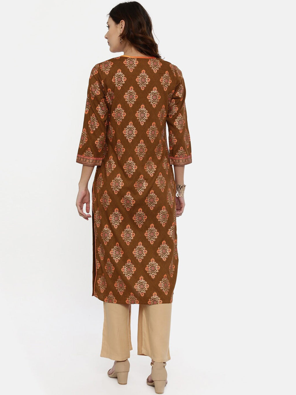 Souchii Brown & Mustard Printed Straight Kurta | Grocsy