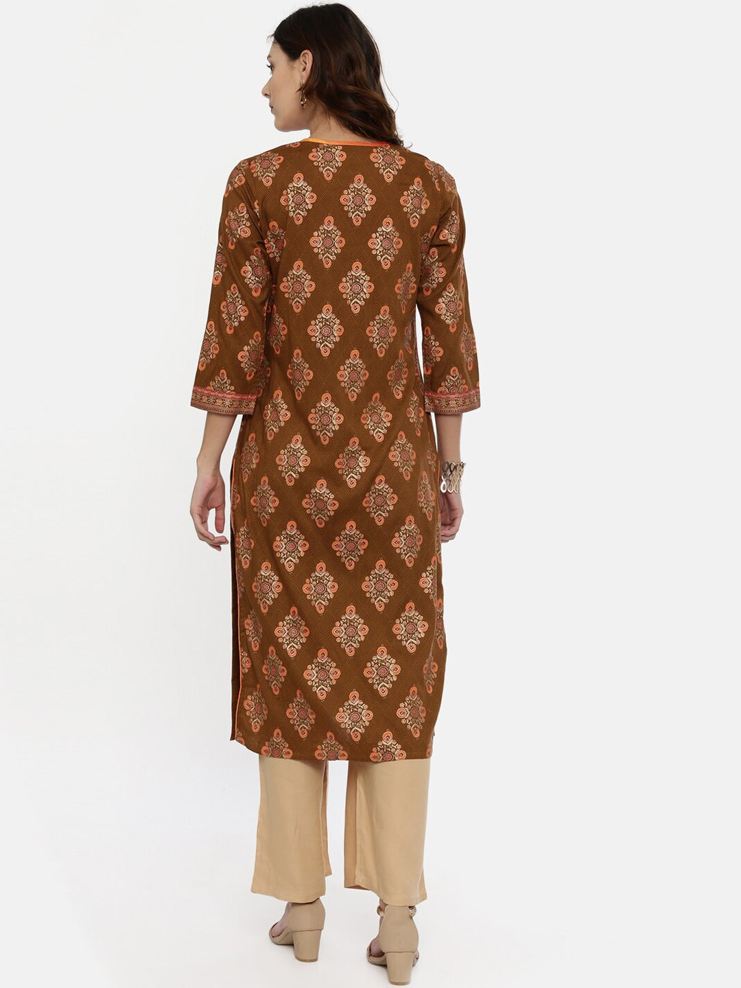 Souchii Brown & Mustard Printed Straight Kurta | Grocsy