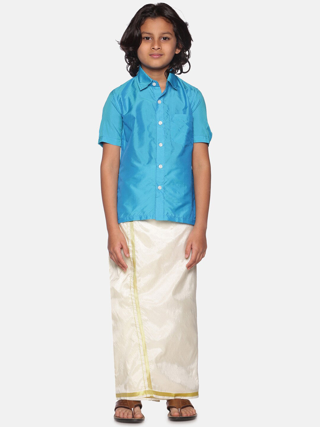 Sethukrishna Boys Turquoise Blue & White Shirt with Dhoti | Grocsy