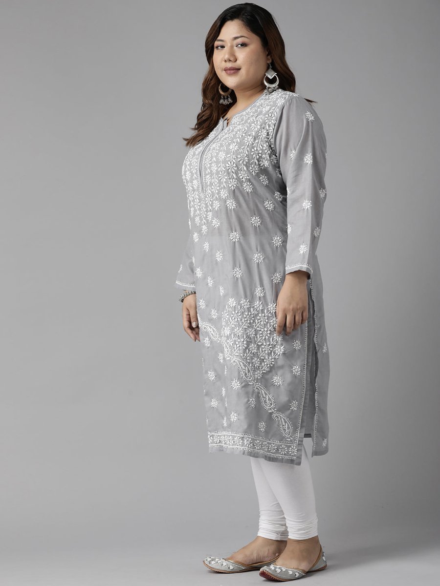 ADA Women Plus Size Grey Floral Embroidered Chikankari Kurta | Grocsy