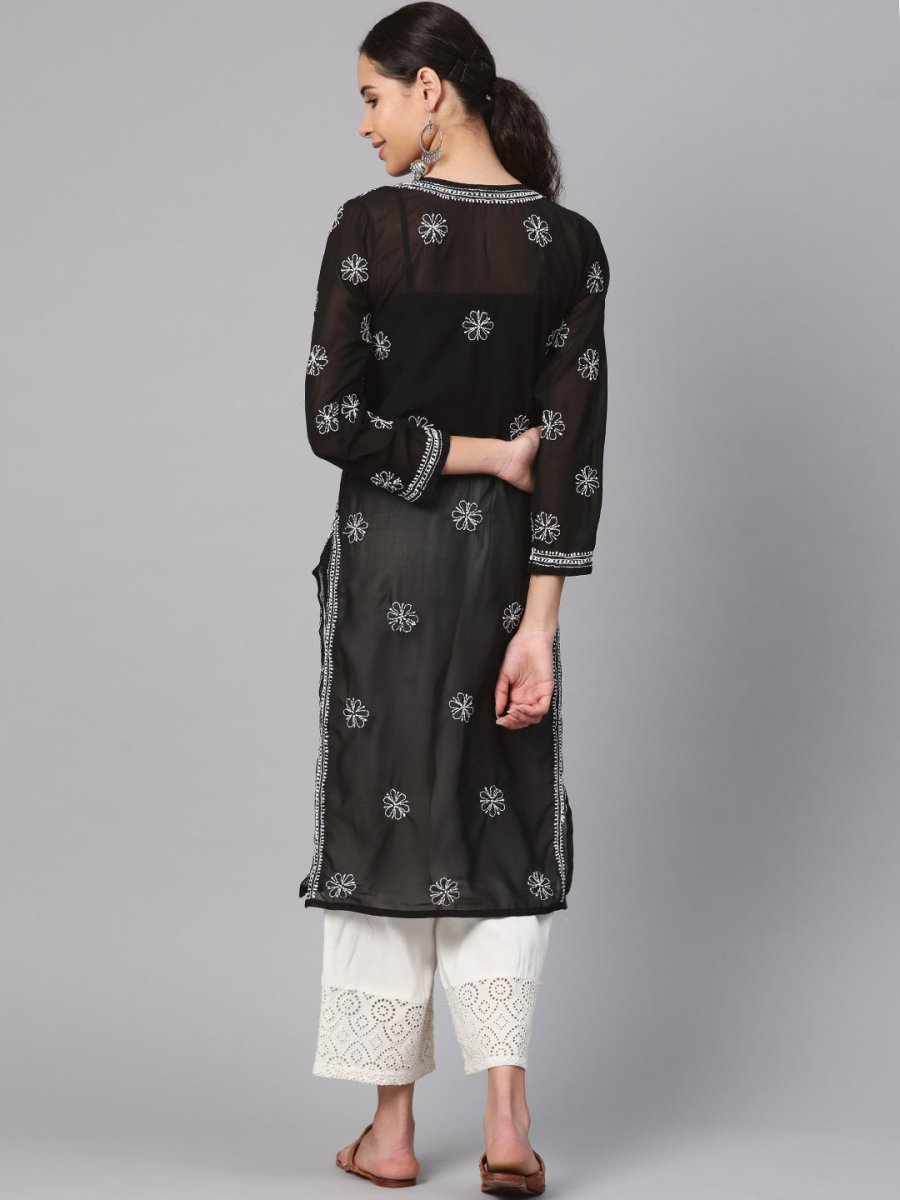ADA Women Black & White Chikankari Hand Embroidered Semi-Sheer Straight Sustainable Handloom Kurta | Grocsy