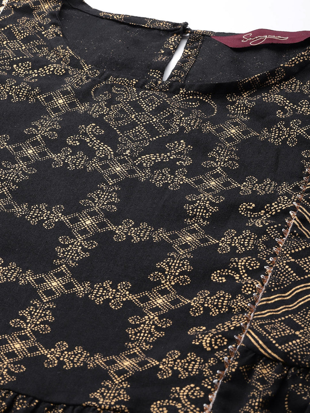 Sangria Women Black & Golden Ethnic Motifs Printed Pure Cotton Kurta with Palazzos | Grocsy