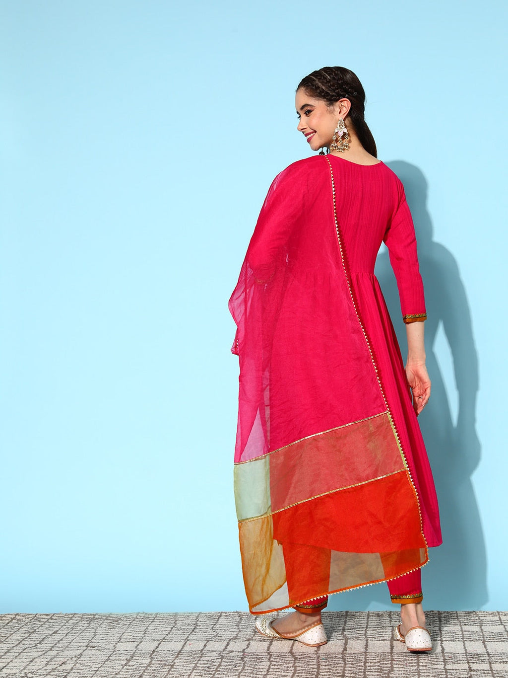 Sangria Ethnic Motifs Yoke Design Pleated Sequinned Kurta with Trousers & Dupatta | Grocsy
