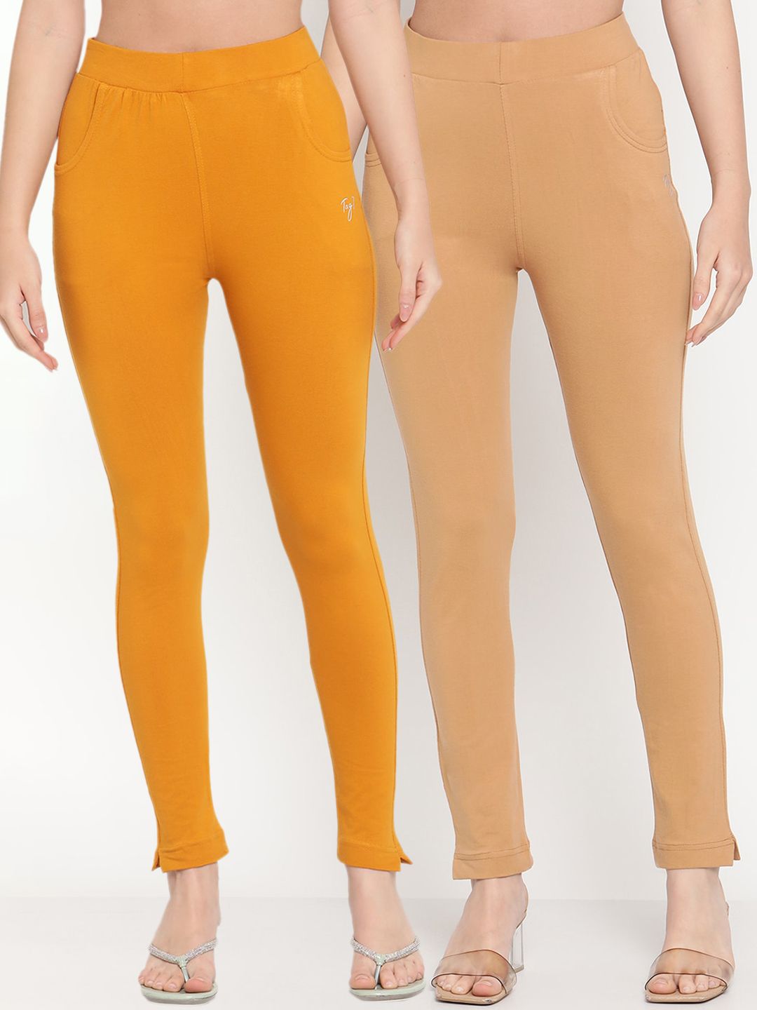 TAG 7 Pack of 2 Beige & Mustard Yellow Ankle-Length Leggings | Grocsy